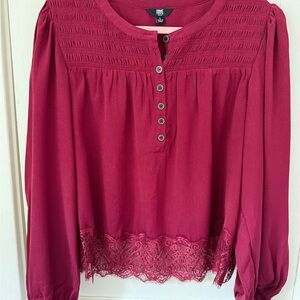 FRYE Burgundy Boho Lace Trim Blouse Size L